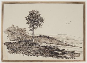 Paesaggio montano con alberi, case sullo sfondo da C.F. von Rumohr