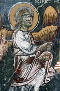 Angelo, dettaglio della volta dipinta della chiesa di Agios Georgios, Mourne, Creta, Grecia (foto)
