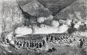 Divisione del generale Giacomo Medici che attacca Levico Terme, Trentino-Alto Adige, luglio 1866, Terza Guerra di Indipendenza, incisione, Italia da J.B. and Brown J. Rowbotham