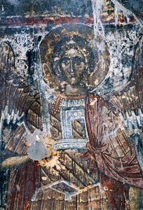 Cavallo, affresco danneggiato sul soffitto della chiesa di Agios Vasileios, Vavouledo, Creta, Grecia (foto) da J.B. and Brown J. Rowbotham
