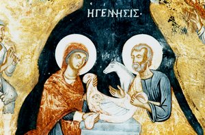 Affresco della Natività nel monastero di Mikro Sotiris, isola di Symi, Grecia (foto) da J.B. and Brown J. Rowbotham