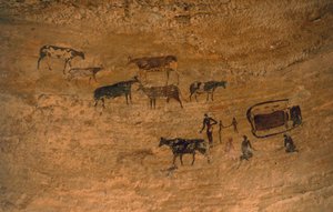 Scena di vita quotidiana con bestiame, arte rupestre, Tassili n