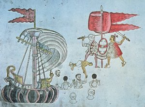 Soldati spagnoli di Hernan Cortes sbarcano nel 1519 per combattere gli Aztechi, copiato dal Codice Azcatitlan, c.1550 da J.B. and Brown J. Rowbotham