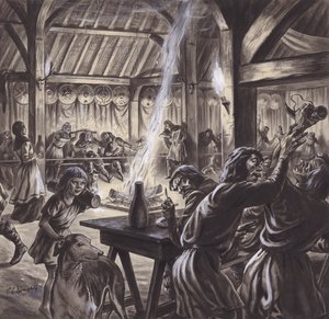 Un banchetto in una sala anglosassone (gouache su carta) da C.L. Doughty