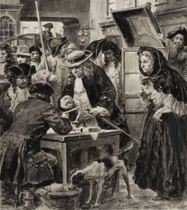 Un banco dei pegni del XVIII secolo e i suoi clienti (gouache su carta) da C.L. Doughty