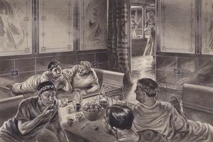 Gli anglo-romani mangiano nel triclinio (gouache su carta)