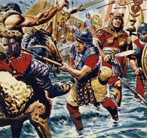 Infiammate dal coraggio del portabandiera, le altre legioni romane si fanno coraggio (litografia a colori) da C.L. Doughty