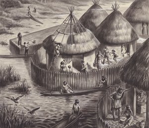 Abitanti del lago a Glastonbury (gouache su carta) da C.L. Doughty