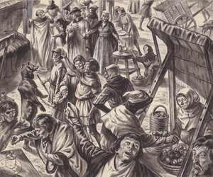 Mercanti in una fiera medievale (gouache su carta) da C.L. Doughty