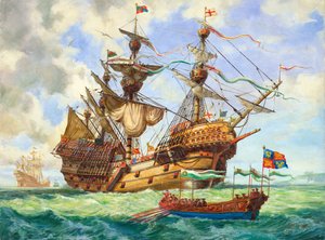 Il Great Harry, nave ammiraglia della flotta di re Enrico, con molti dei suoi 251 cannoni (gouache su carta) da C.L. Doughty