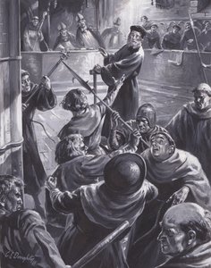 Il processo a John Wyclif, durante il quale la folla cerca di salvarlo (gouache su carta)