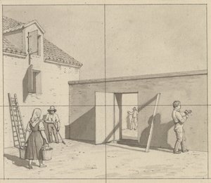Prospettiva lineare, applicata alla pittura - bozza per illustrazione non utilizzata - Cortile danese con quattro contadini e artigiani da Christoffer Wilhelm Eckersberg