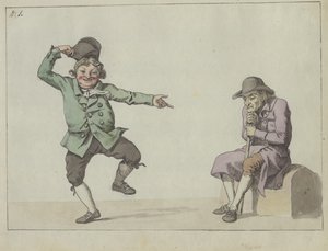 Foglio satirico; un uomo salta e ride mentre indica un vecchio seduto da Christoffer Wilhelm Eckersberg