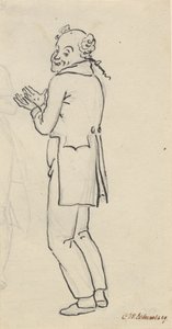 Satirisk blad; en smilende mand, set fra siden, med begge hænder op foran brystet, samt del af et let blyant rids [afskåret] da Christoffer Wilhelm Eckersberg