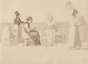 Scena di un cortile o molo a Parigi. Quattro figure sedute, in piedi e in movimento. da Christoffer Wilhelm Eckersberg