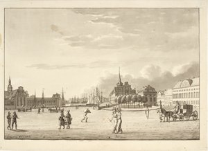 Piazza del Castello a Copenaghen con la chiesa di Holmen, la Borsa, la banca ora scomparsa e l