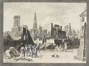 Piazza Ulfeldt, ora chiamata Gråbrødretorv, dopo il bombardamento britannico del settembre 1807