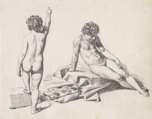 Due bambine nude, una seduta vista di fronte, l