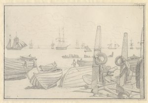 Vista dalla spiaggia a sud di Helsingør verso la nave di guardia, il brigantino "Falster" da Christoffer Wilhelm Eckersberg