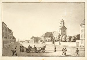 Vista su Sankt Annæ plads con la chiesa della guarnigione da Christoffer Wilhelm Eckersberg