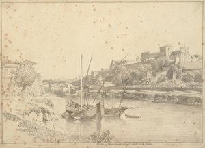 Vista sul Tevere presso Porto di Ripa Grande fuori Porta Portese verso Marmorata e le chiese sul Monte Aventino, Roma