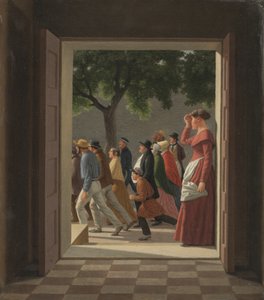 Vista attraverso una porta verso figure in corsa da Christoffer Wilhelm Eckersberg