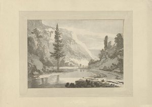 Paesaggio montano con pastori sulla riva di un fiume