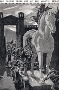 I greci escono dal cavallo di legno, illustrazione da 