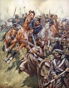 "Cosacco e russo vacillavano dal colpo di sciabola, frantumati e spezzati" (litografia a colori) da C. Dudley Tennant
