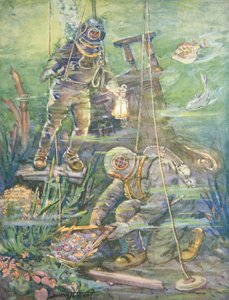 Sommozzatori trovano tesoro sommerso, c.1890 (litografia a colori)