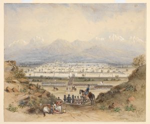 Un generale che rivede la cavalleria e la fanteria, che stanno per entrare in una città murata in un paese montuoso, forse Kandahar (N.W.F.P.). 1843, dopo uno schizzo precedente.