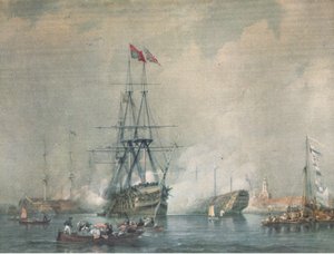HMS Victory che spara un saluto reale al porto di Portsmouth, da British Adventure pubblicato da Collins, 1947 da C. J. M. Whichello
