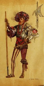 Un cortigiano in armatura, costume per Come vi piace, prodotto da R.Courtneidge al Princes Theatre, Manchester