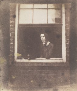 Signora alla finestra aperta con gabbia per uccelli, fine 1840s