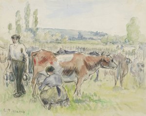 Studio compositivo di una scena di mungitura a Eragny-sur-Epte, 1884 da Camille Jacob Pissarro