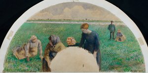 Contadini che raccolgono erba, 1885 da Camille Jacob Pissarro