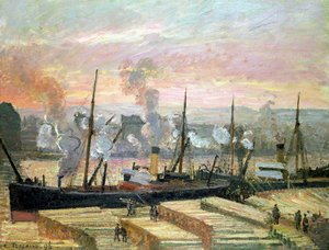 Tramonto a Rouen, barche che scaricano legna, 1896 da Camille Jacob Pissarro