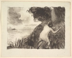 Bagnante in piedi tra le erbe sulla riva da Camille Jacob Pissarro