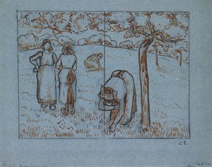 Studio compositivo di quattro contadine che lavorano in un frutteto 