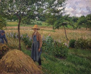 Giardiniere in piedi accanto a un pagliaio, cielo nuvoloso, Eragny, 1899 da Camille Pissarro