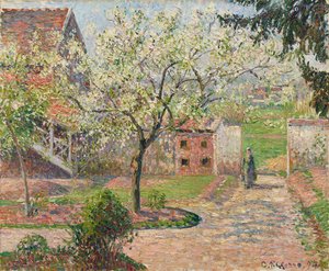 Alberi di prugne in fiore, Éragny. La casa del pittore, 1894 da Camille Pissarro