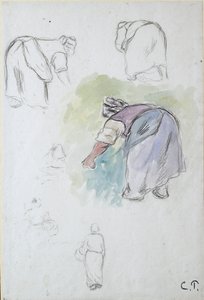 Foglio di studi: quattro studi di una contadina piegata e due studi di una donna che tiene una bas