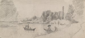 Studio di un paesaggio fluviale con barche, 1863-1864