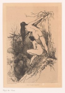 Due donne nude spiano una coppia che si bacia (Les filles-fleurs)