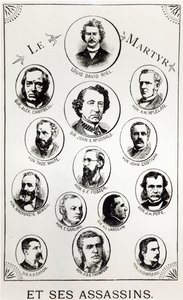 Louis Riel (1844-85) e i suoi assassini, illustrazione da Le Gibet de Regina, pubblicata nel 1886