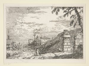Paesaggio con torre e due colonne rovinate, dalla serie Vedute da Canaletto (Giovanni Antonio Canal)