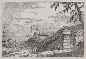 Paesaggio con torre e due colonne rovinate, dalla serie Vedute da Canaletto (Giovanni Antonio Canal)