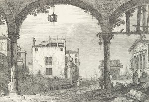 Un portico a tre archi con una lanterna aperta appesa al centro, un arco trionfale e rovine, 1735-46 da Canaletto