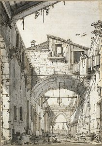 Capriccio: Una strada attraversata da archi (recto) Schizzi di porta, scala e secondo piano di edificio (verso) da Canaletto