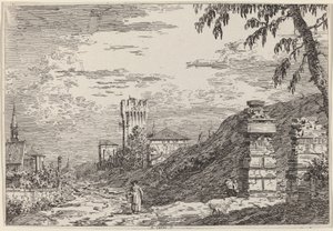 Paesaggio con torre e due colonne rovinate, c. 1735-1746 da Canaletto